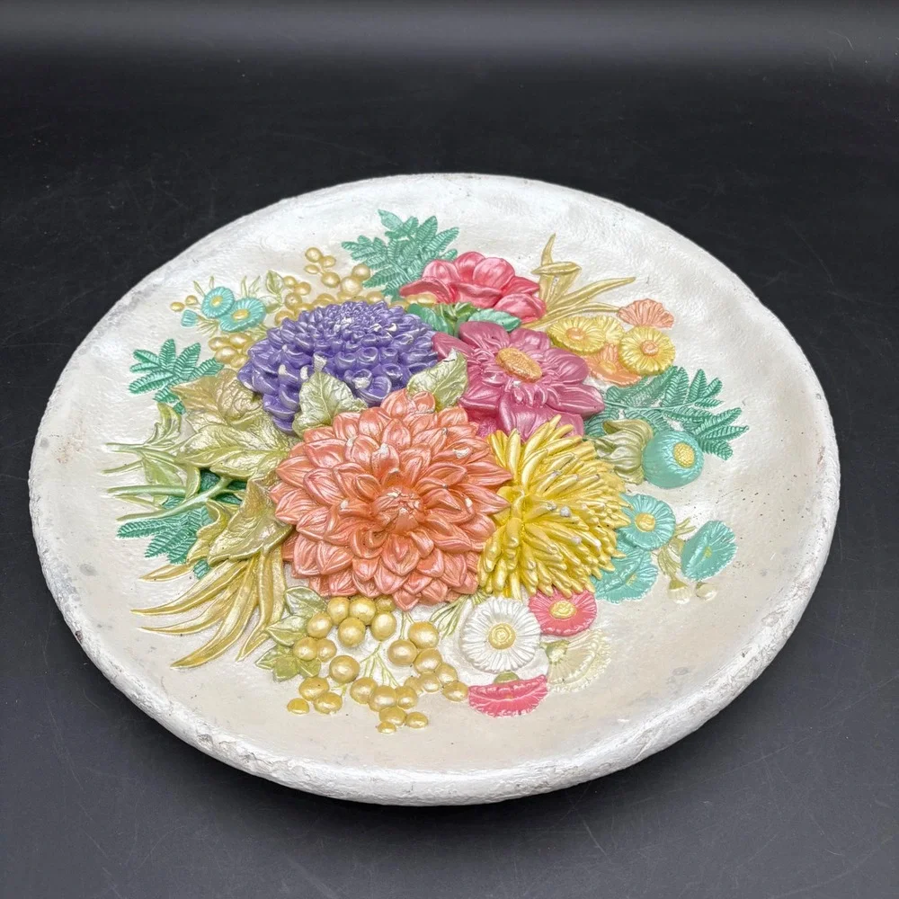 Vtg 3D Chalkware Floral Wall Plaque Dahlias Botanical Decor Cottagecore